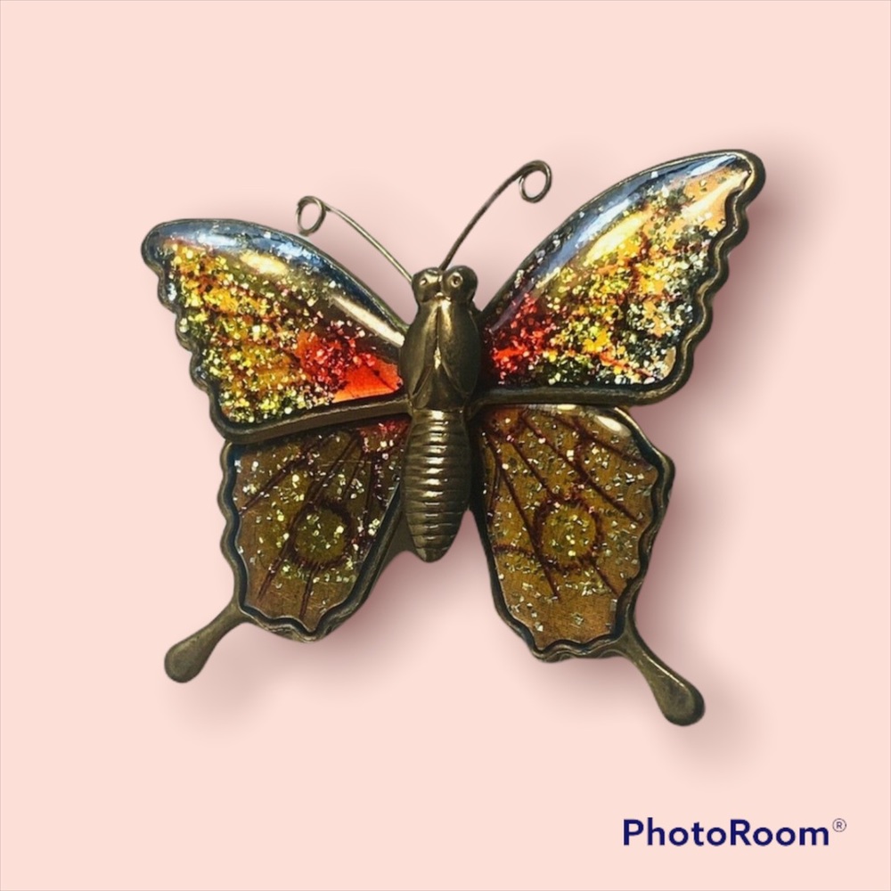 Vintage Tin Butterfly Pin Brooch Lapel Pin Glitter Sparkle Colorful Enamel